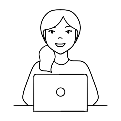 Line drawing icon of a woman sitting at an open laptop, smiling.