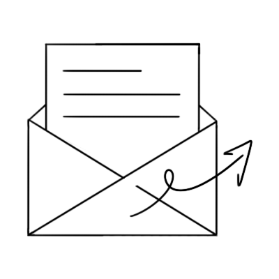 Line drawing icon of an open envelope with a letter sticking out, with an arrow in the bottom right corner.