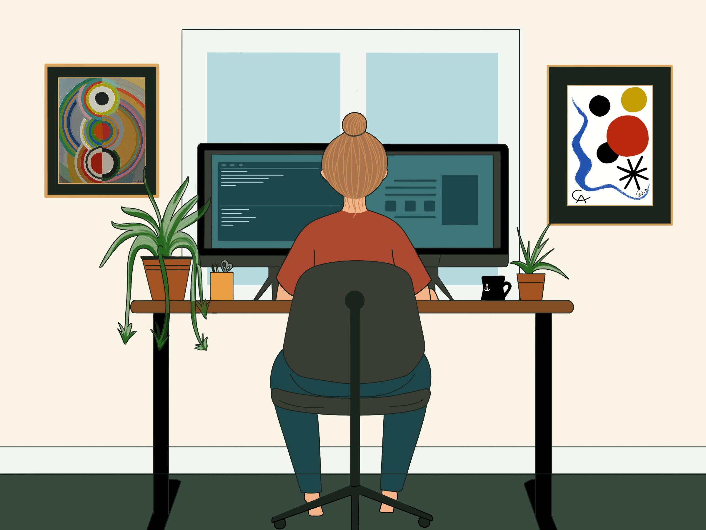 View of the back of a woman working at a home office computer. There are plants and a coffee cup on the desk and art hanging on the wall.