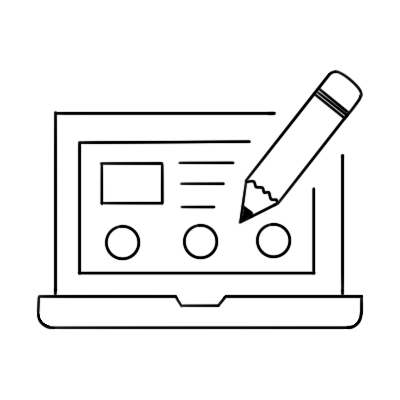 Line drawing icon of an open laptop with a pencil in the top right corner.